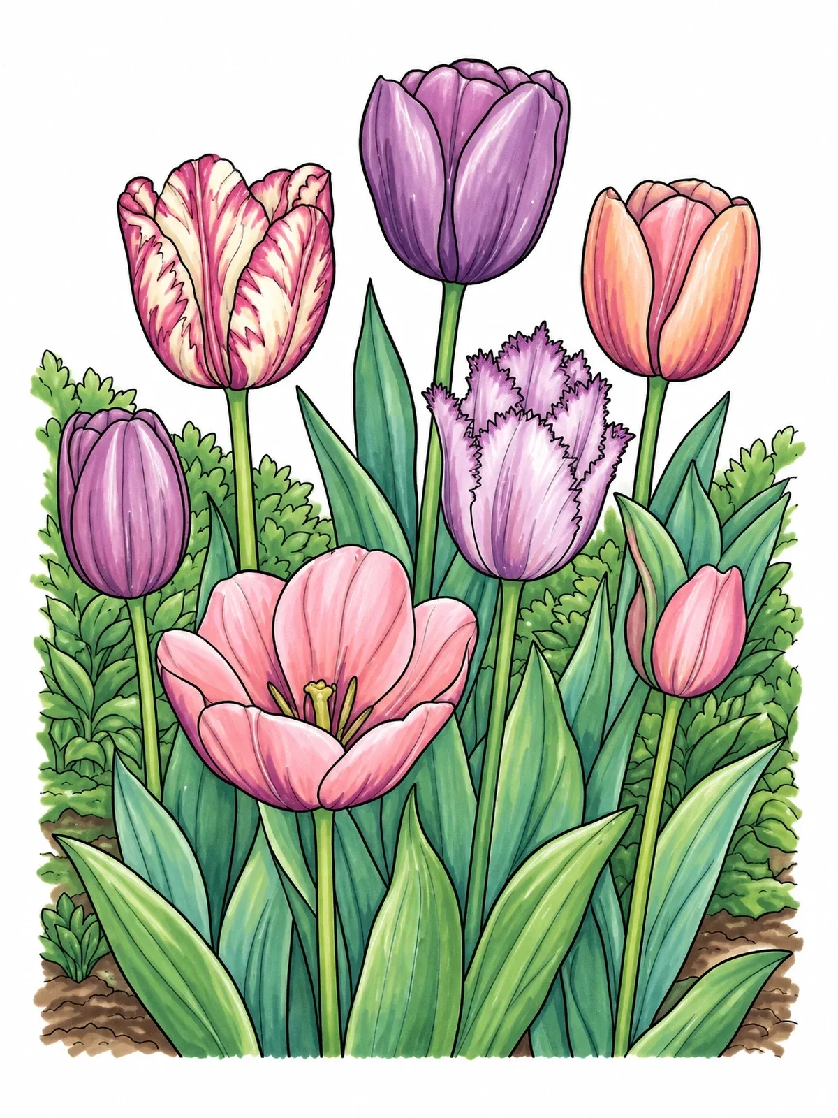 Colored example of the Garden Bed Of Diverse Tulips coloring page
