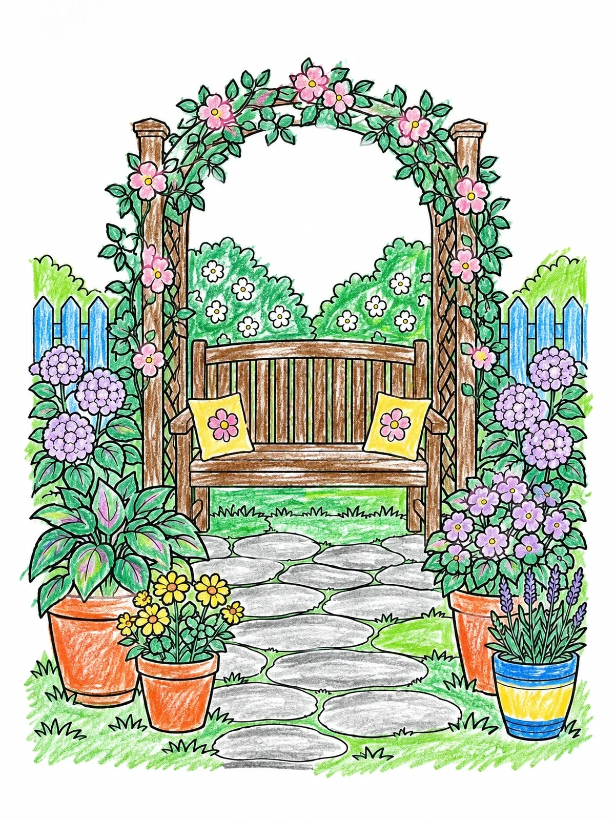 Colored example of the Garden Bench Under Floral Archway coloring page