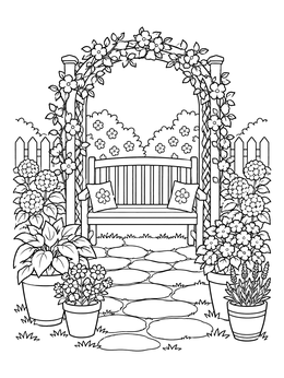 A lovely garden coloring page showing a wooden bench, stone path, and flower trellis.