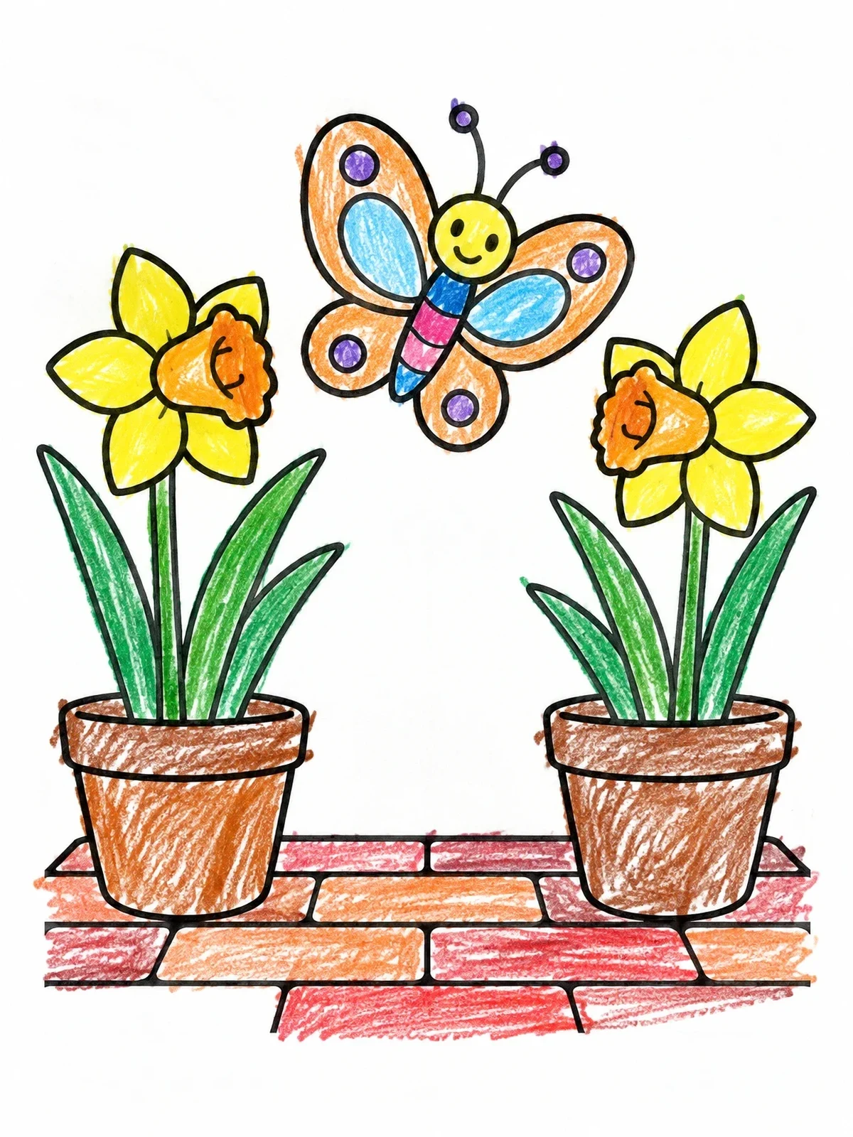 Colored example of the Butterfly And Potted Daffodils coloring page