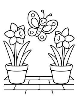Free printable Butterfly And Potted Daffodils coloring page