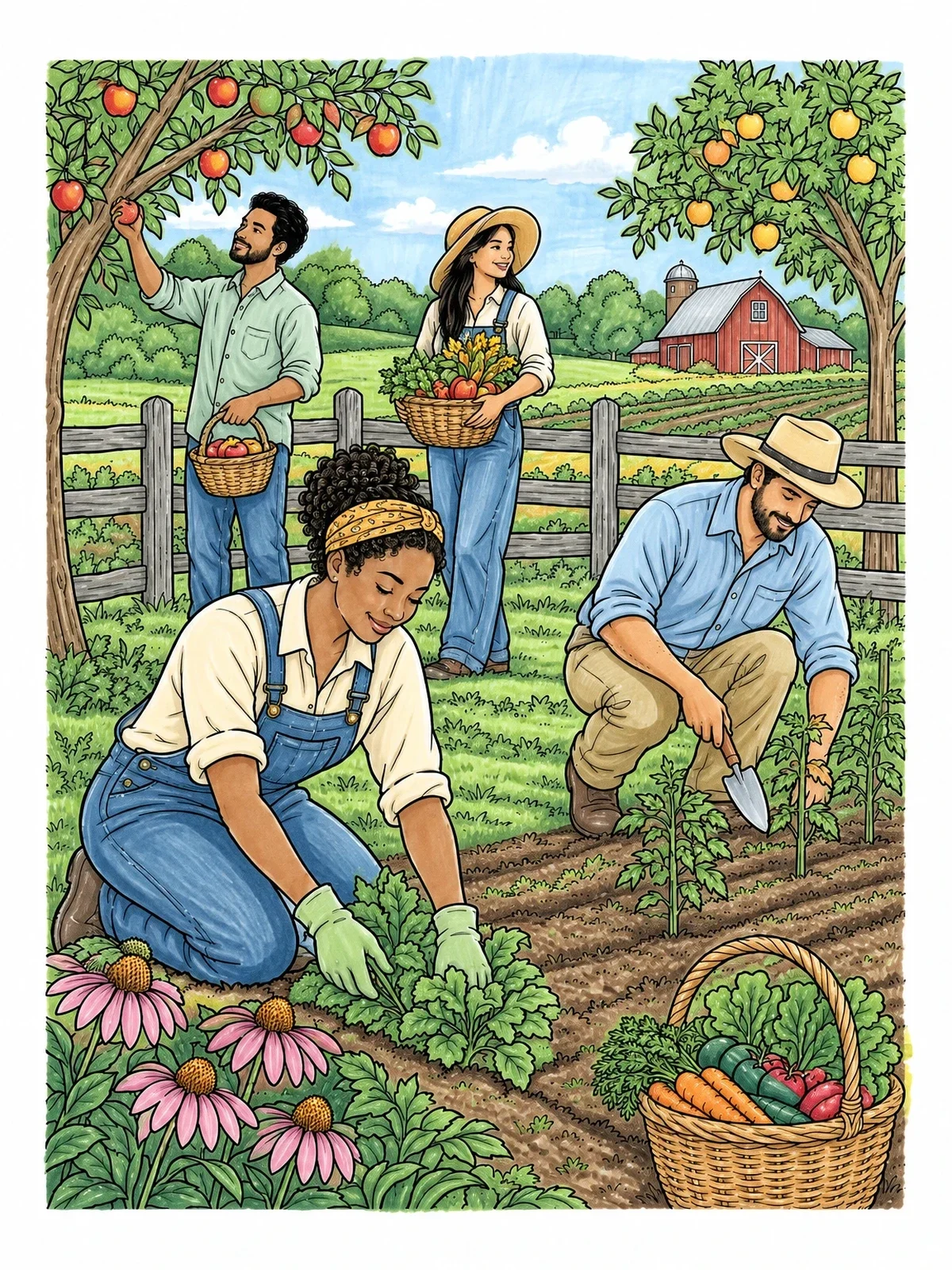 Colored example of the Community Farm Vegetable Harvest coloring page