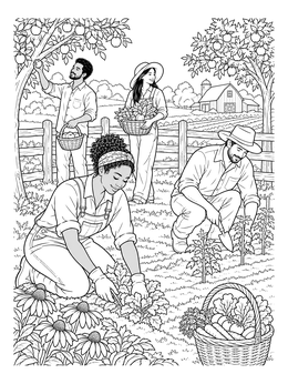 People harvesting fresh crops on a farm in this garden coloring page.