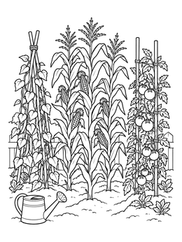 A garden scene featuring tall corn stalks on this corn coloring page beside climbing beans and tomatoes.
