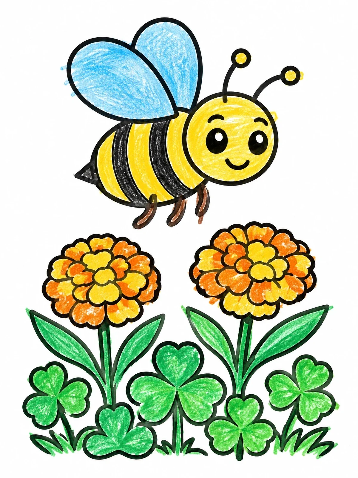Colored example of the Cute Bee Flying Over Flowers coloring page