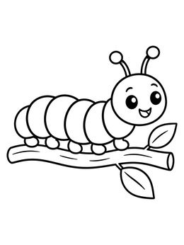 A cheerful garden coloring page showing a friendly caterpillar crawling on a leafy branch.