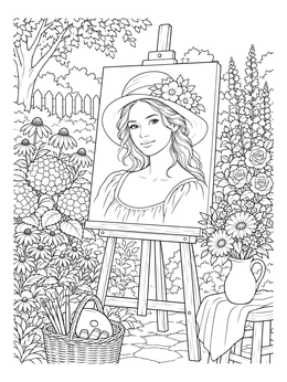 A woman's canvas in a garden on this portrait coloring page.