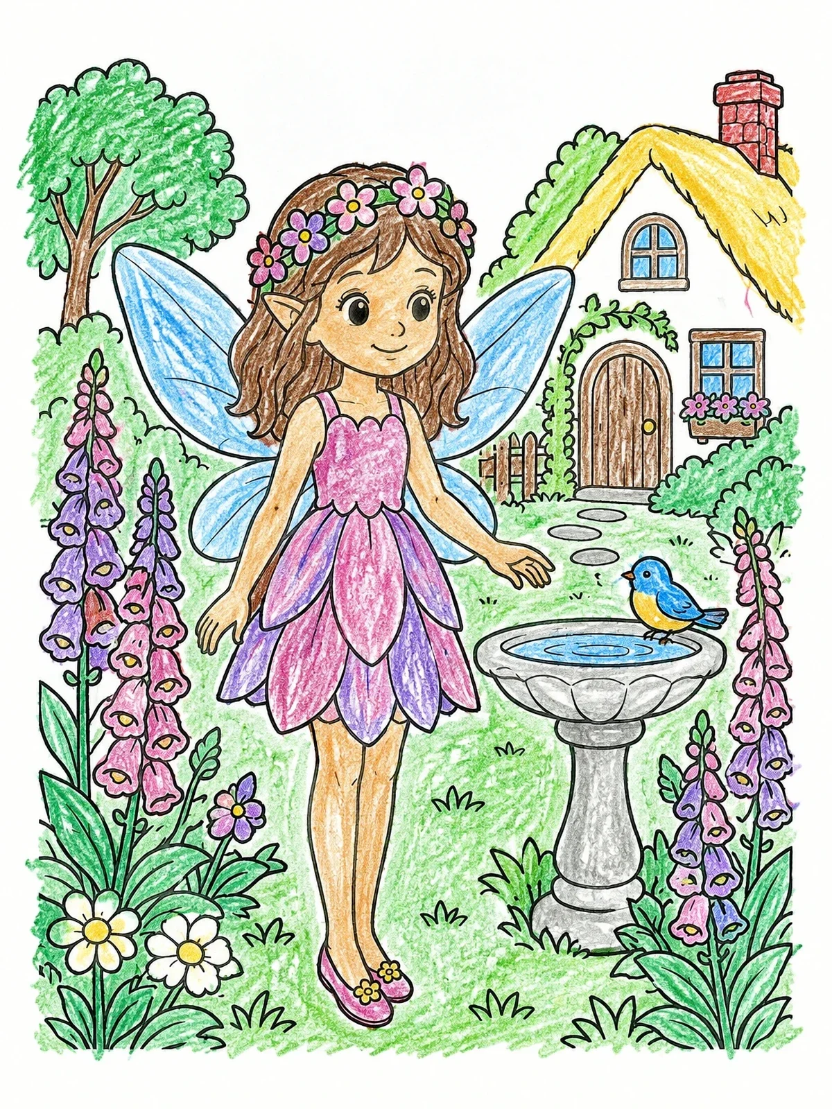 Colored example of the Garden Fairy By The Birdbath coloring page
