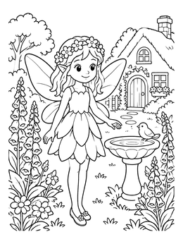 Free printable Garden Fairy By The Birdbath coloring page