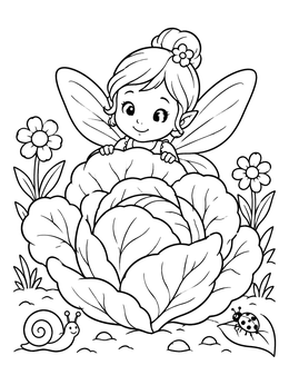 Free printable Garden Fairy Behind A Cabbage coloring page