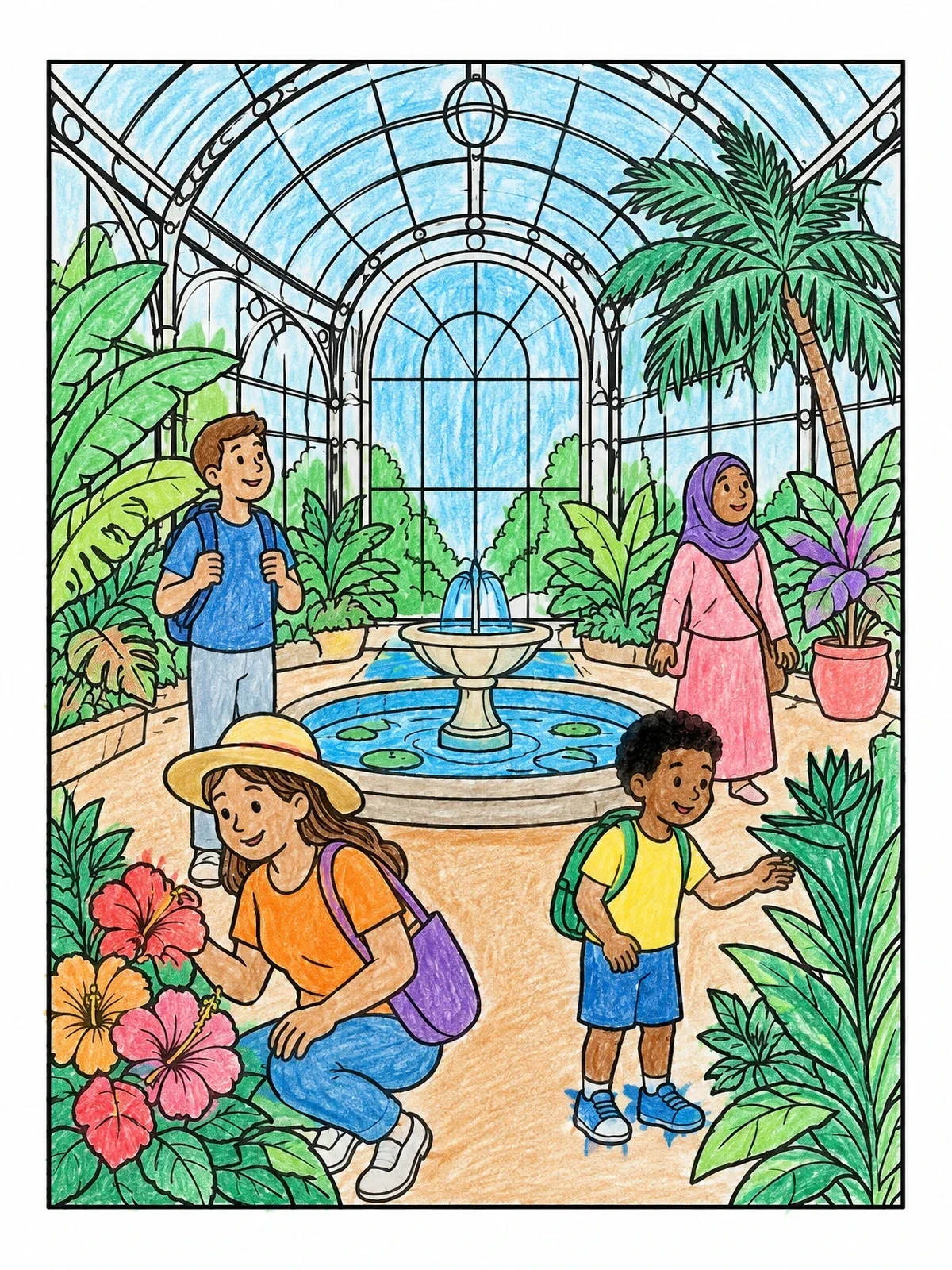 Colored example of the Family Visiting The Botanical Conservatory coloring page
