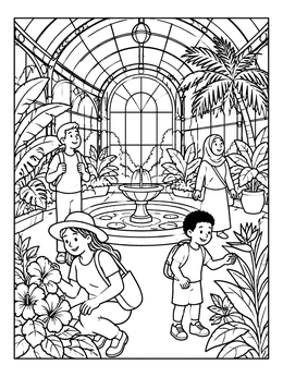 Free printable Family Visiting The Botanical Conservatory coloring page