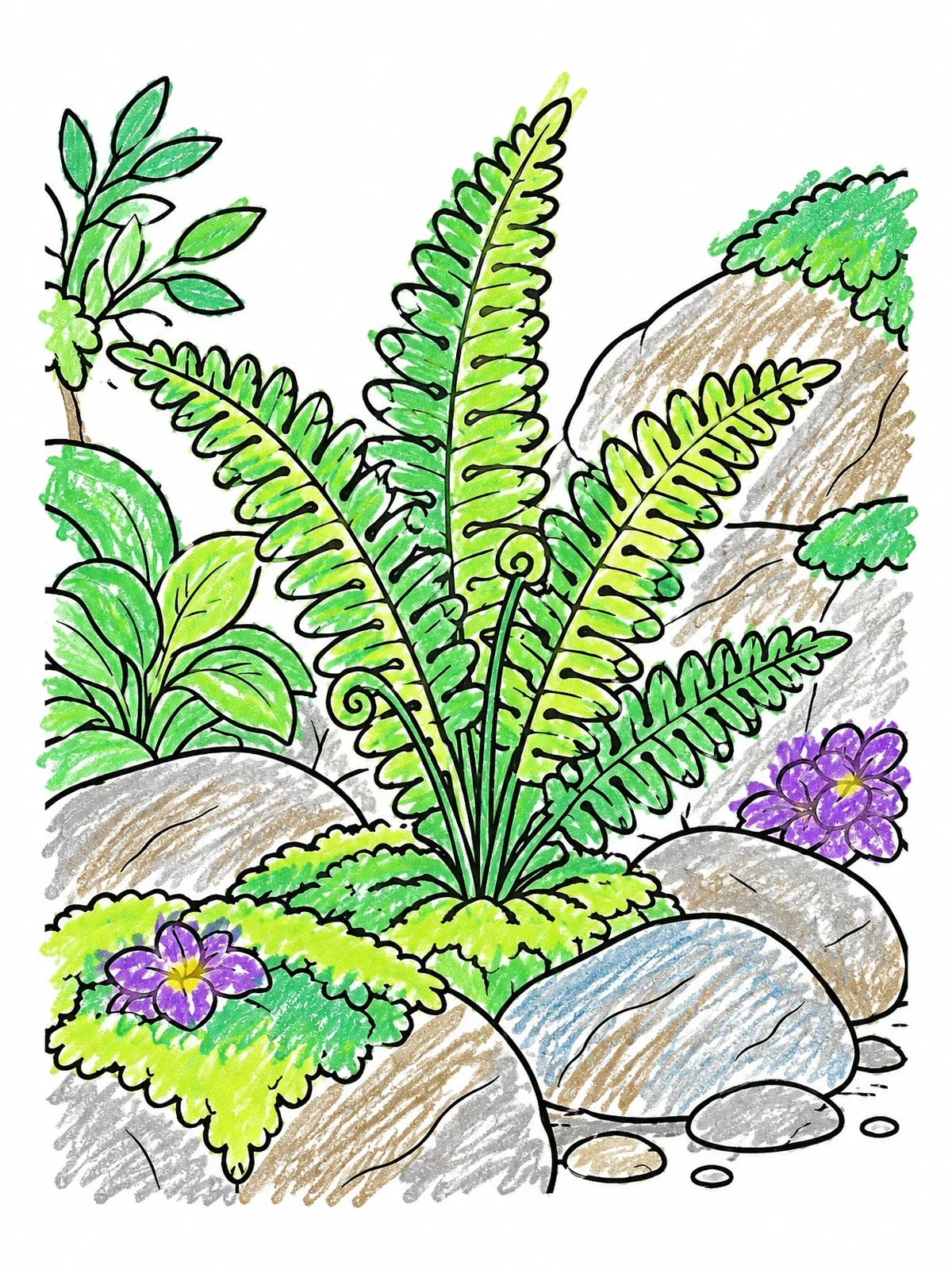 Colored example of the Garden Fern Among The Rocks coloring page
