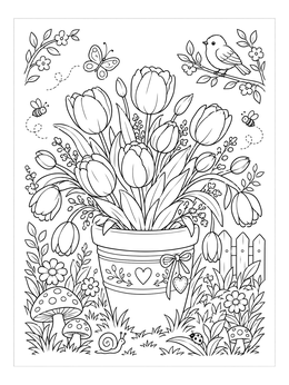 Free printable Garden Flower Pot With Tulips coloring page