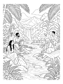 A tranquil garden coloring page featuring friends resting along a tropical river with friendly deer.
