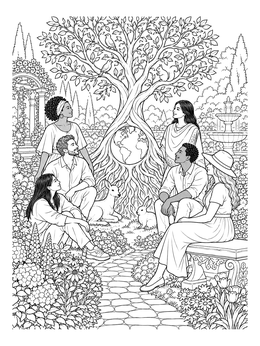 A detailed tree of life coloring page featuring people, animals, and garden greenery surrounding an earth tree.