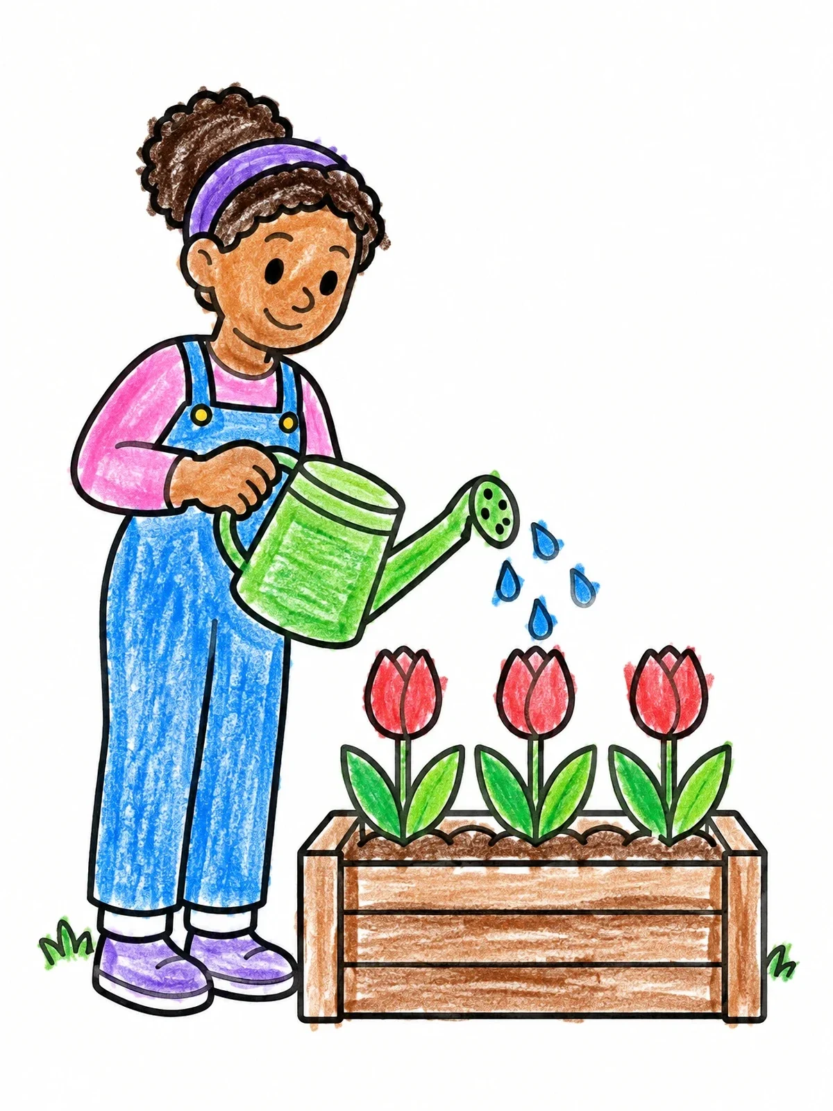 Colored example of the Girl Watering Tulips In A Planter Box coloring page