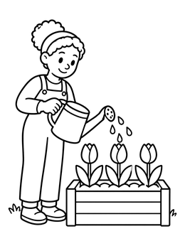 Free printable Girl Watering Tulips In A Planter Box coloring page