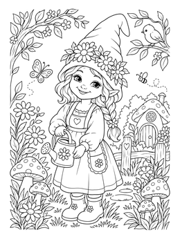 A cheerful girl gnome holding a watering can in this gnome coloring page.