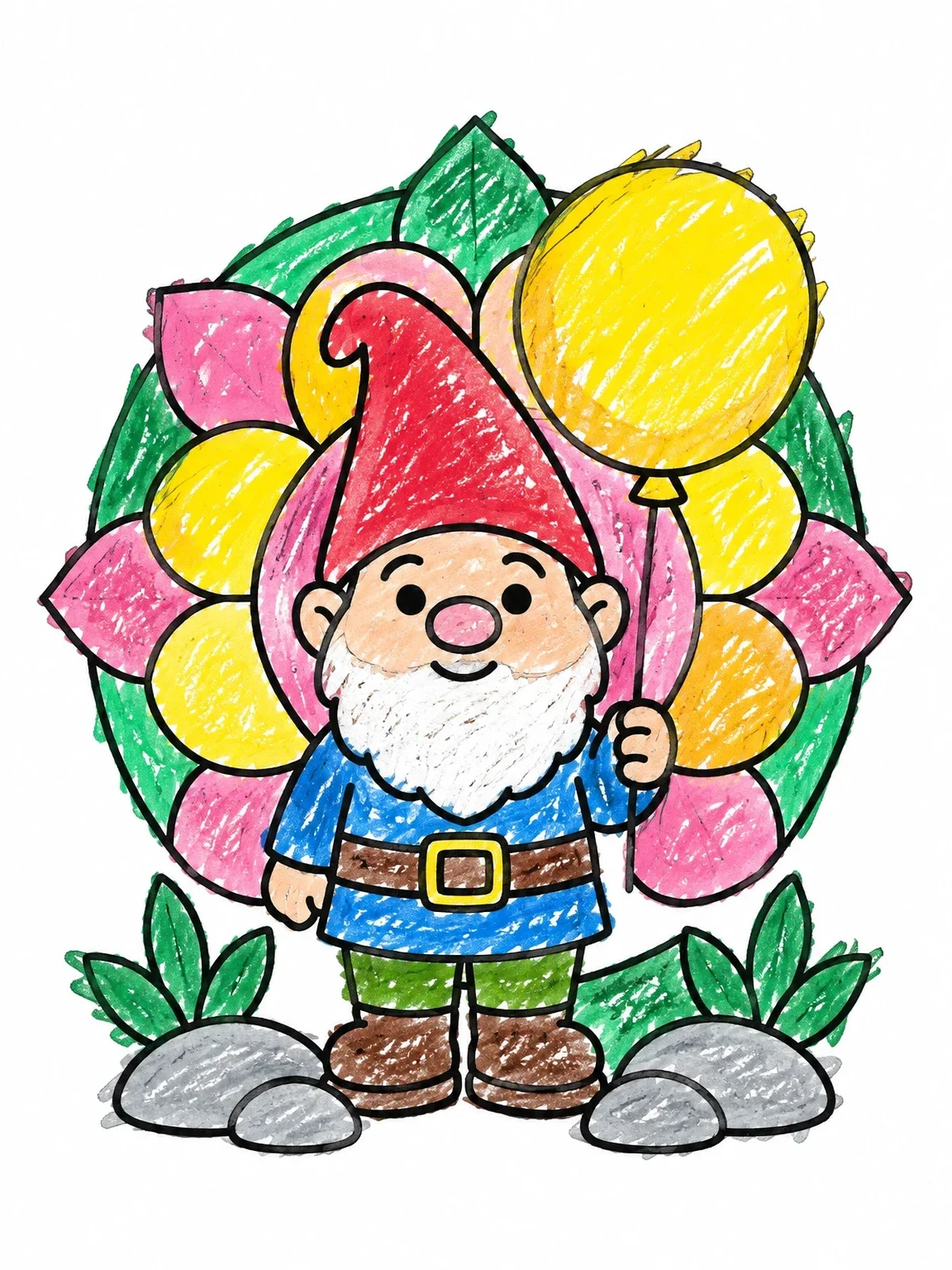 Colored example of the Garden Gnome Holding A Balloon coloring page