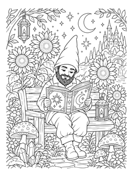 A detailed gnome coloring page showing a garden gnome reading a mystical book on a wooden bench.