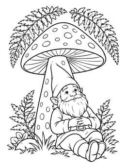 A cheerful garden gnome relaxes under a toadstool in this mushroom coloring page.