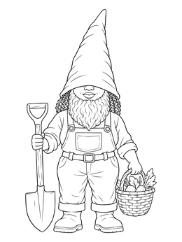 A detailed gnome coloring page featuring a bearded gardener holding a shovel and basket of vegetables.