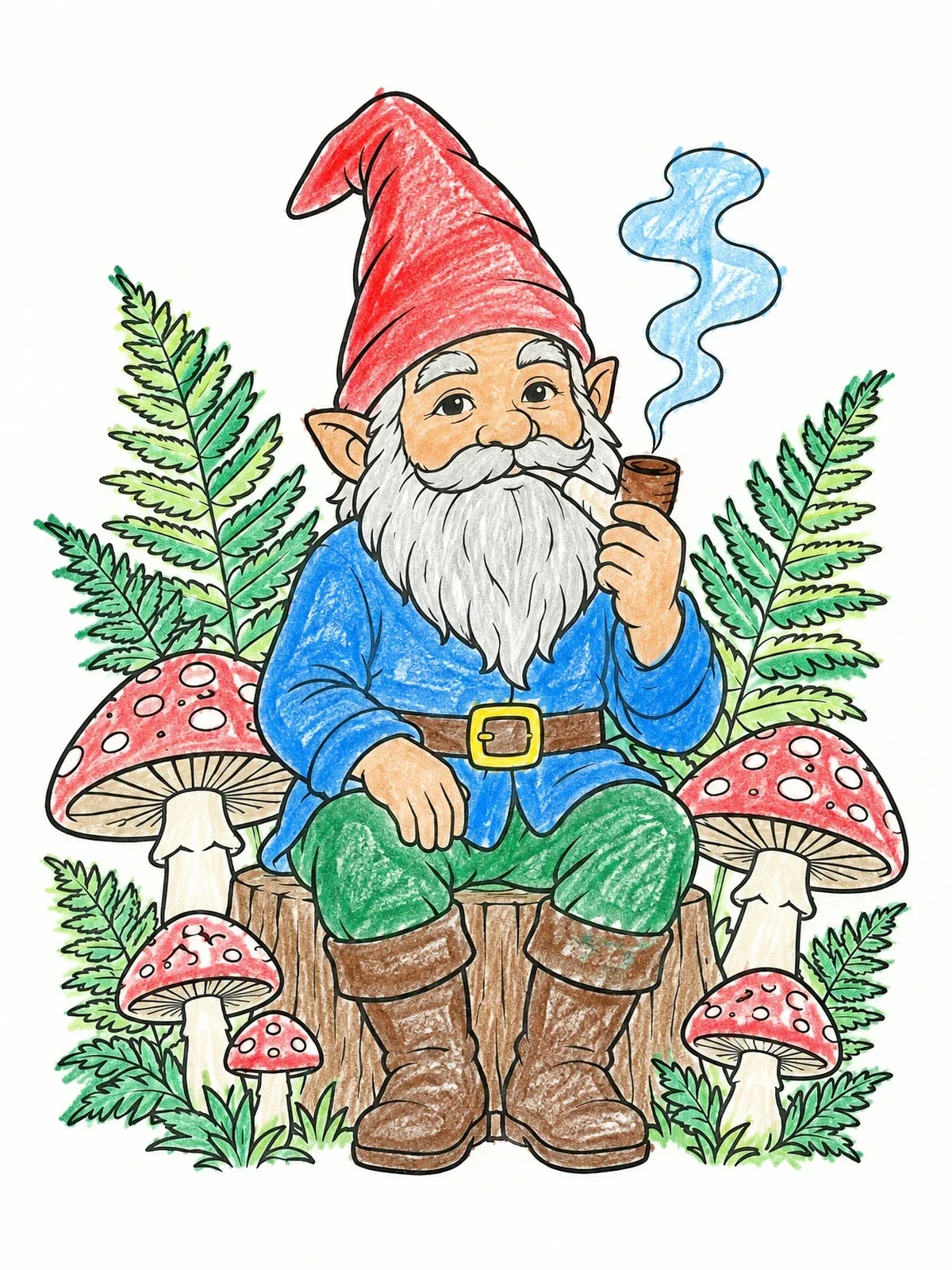 Colored example of the Garden Gnome Smoking A Pipe coloring page