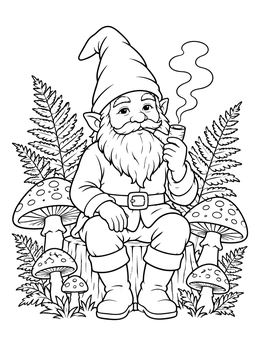 A peaceful gnome coloring page featuring a bearded gnome with a pipe sitting among mushrooms.