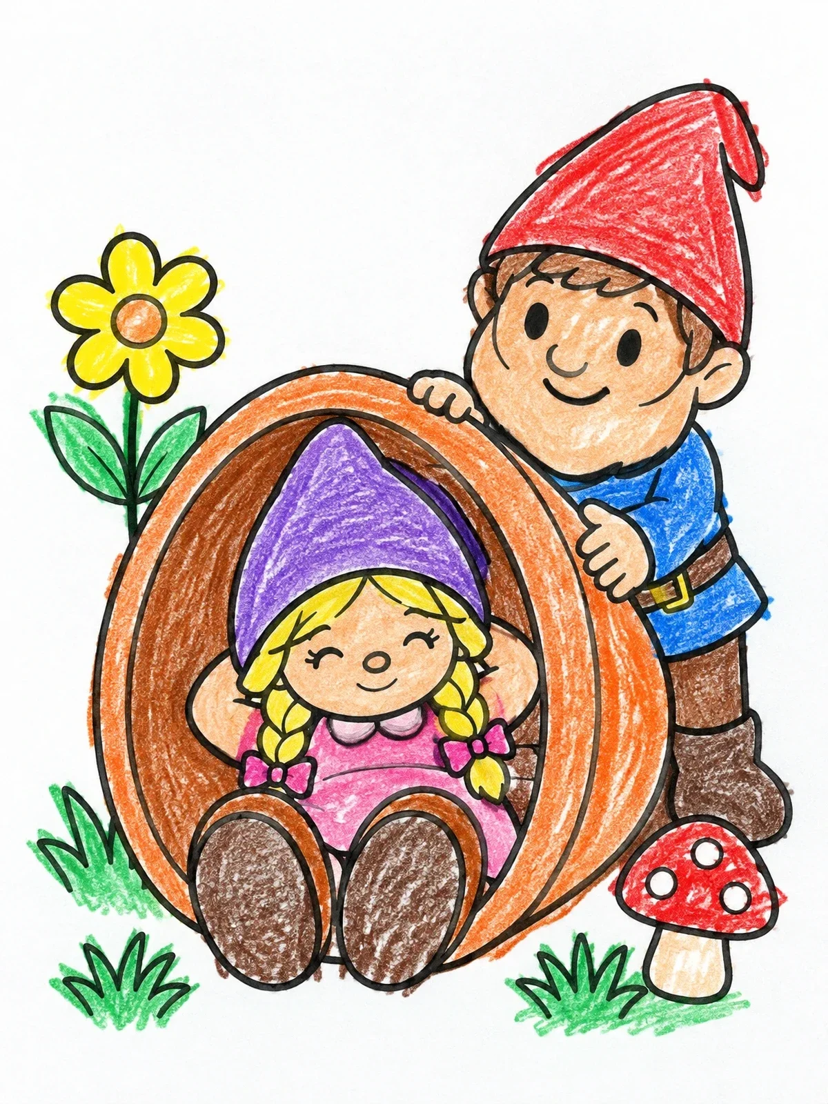 Colored example of the Garden Gnomes By The Flowerpot coloring page