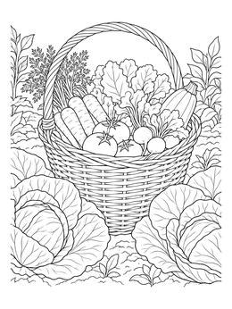 A wicker harvest basket in a garden featured on this cabbage coloring page.