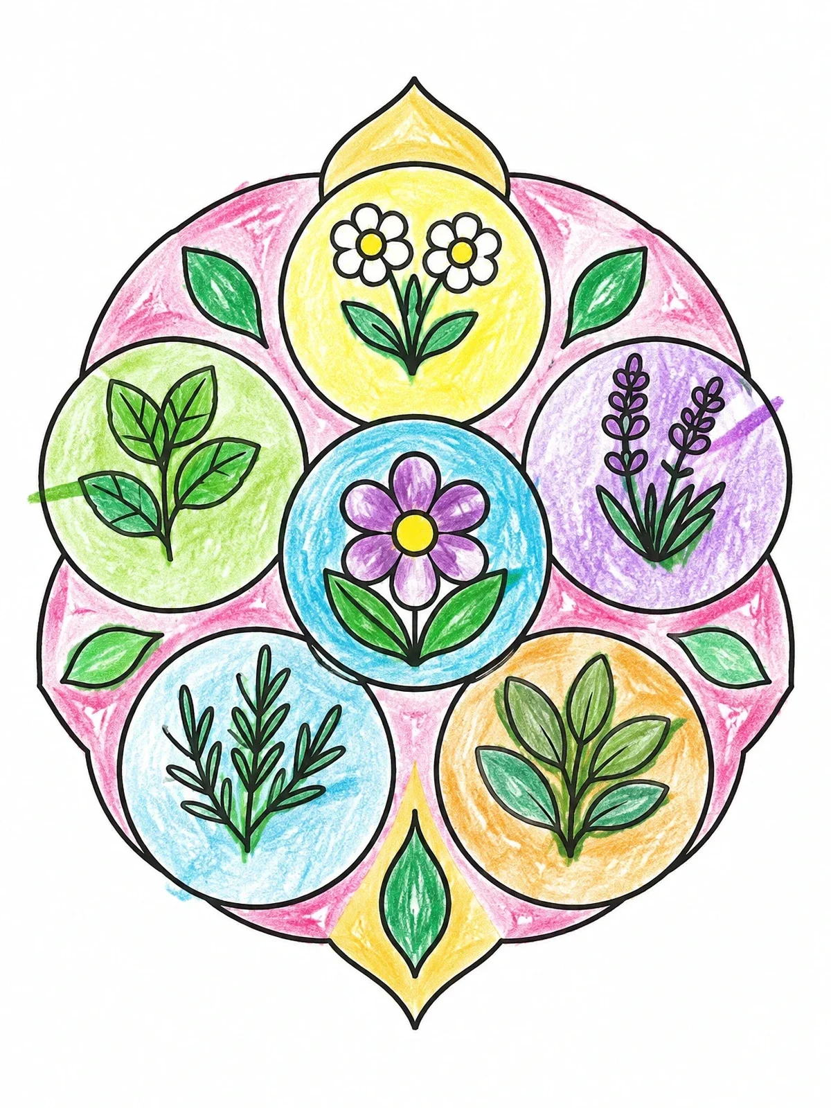 Colored example of the Garden Herb Mandala With Labels coloring page