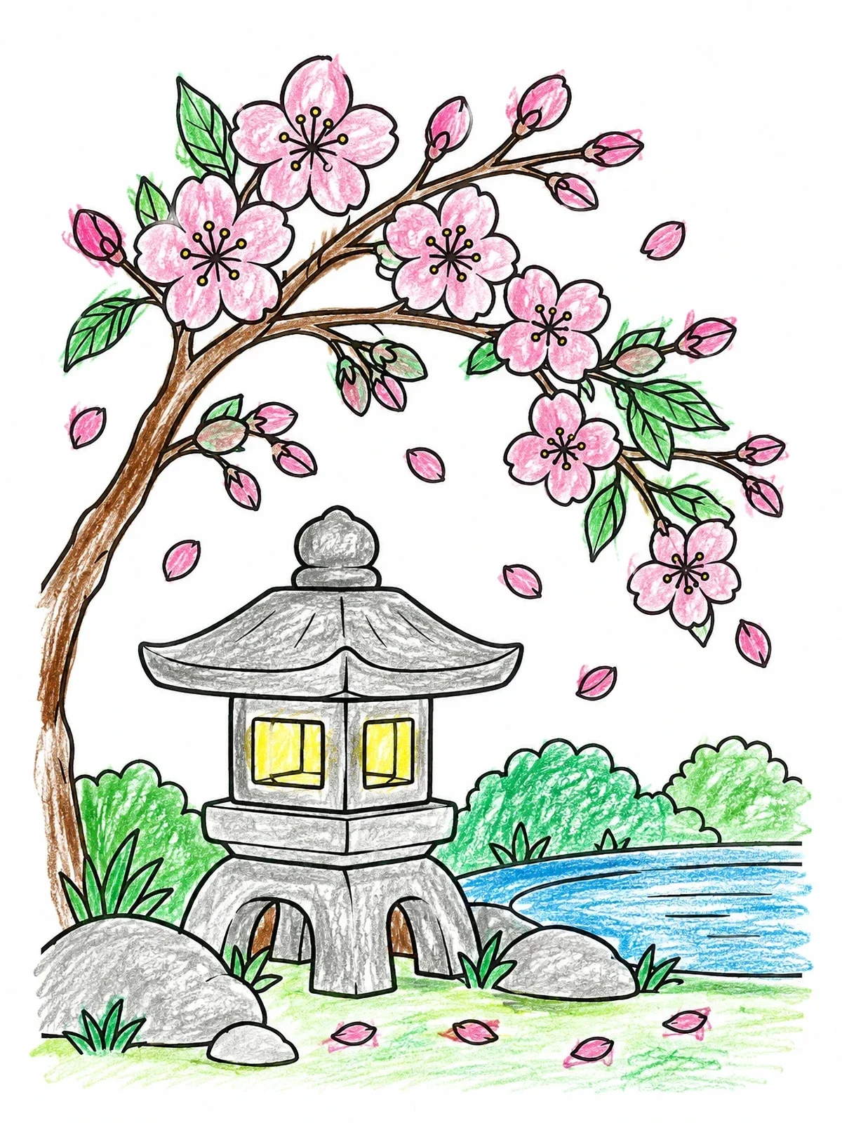 Colored example of the Japanese Garden Lantern With Cherry Blossoms coloring page