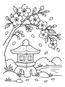 Free printable Japanese Garden Lantern With Cherry Blossoms coloring page
