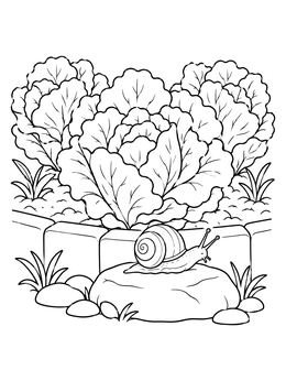 A lettuce coloring page featuring fresh lettuce heads and a small snail on a stone.