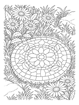 A mosaic coloring page showing a round patterned stepping stone in a garden surrounded by daisies.