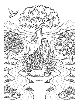 A tranquil Garden of Eden garden coloring page featuring lush fruit trees, winding rivers, and peaceful wildlife.