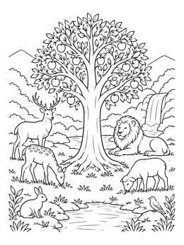 A lion, deer, sheep, and rabbit gather peacefully around an apple tree in this garden coloring page.