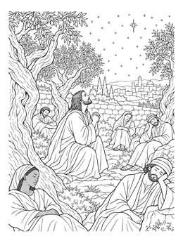Jesus prays under olive trees in this peaceful garden coloring page.