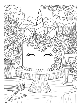 A floral unicorn cake coloring page displayed on a wooden stand in a garden.