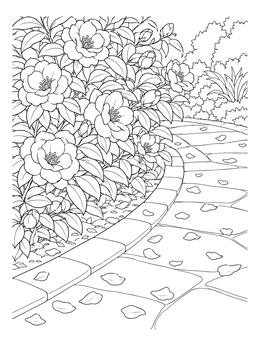 A peaceful flower petal coloring page showing a stone garden path scattered with fallen blossoms.
