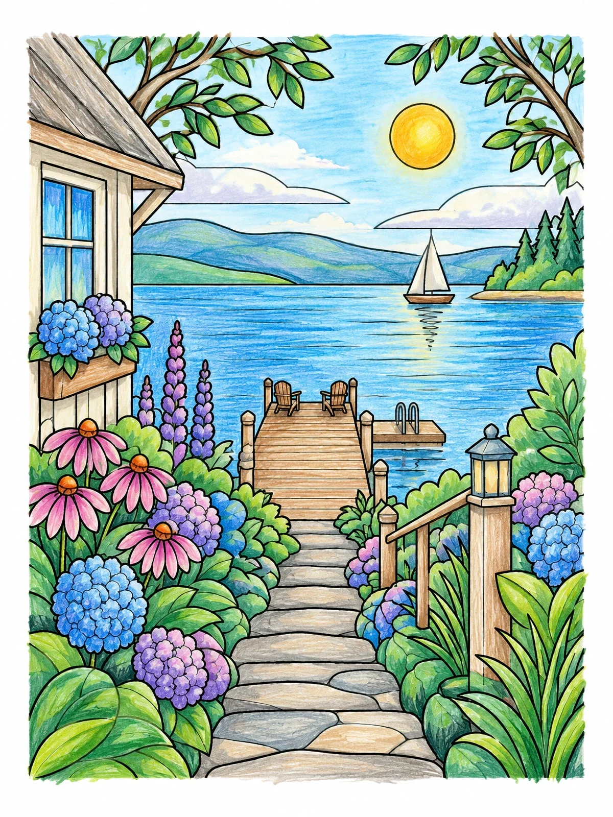 Colored example of the Garden Path To Lakeside Dock coloring page
