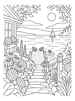 Free printable Garden Path To Lakeside Dock coloring page