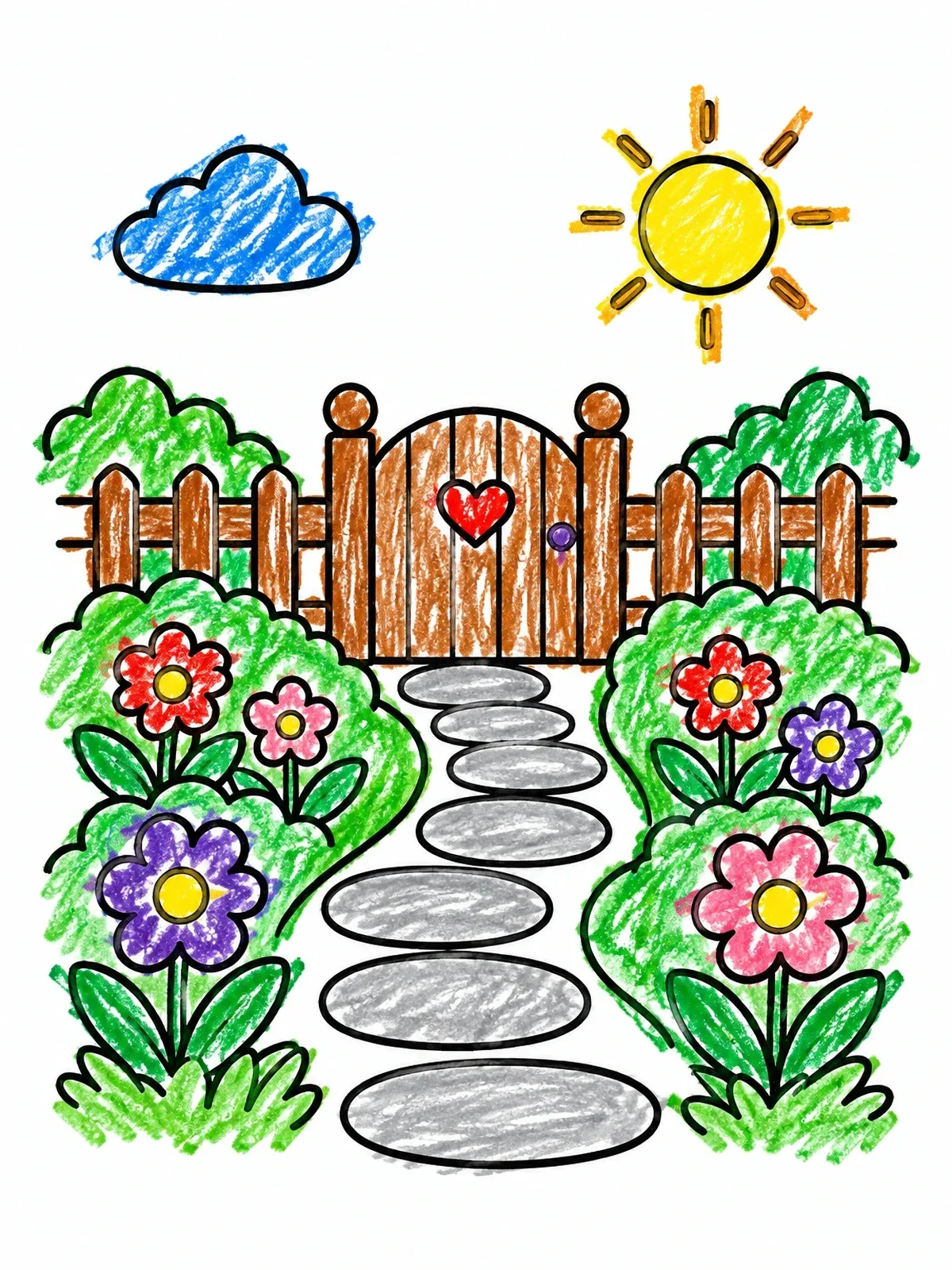 Colored example of the Garden Path To Wooden Gate coloring page