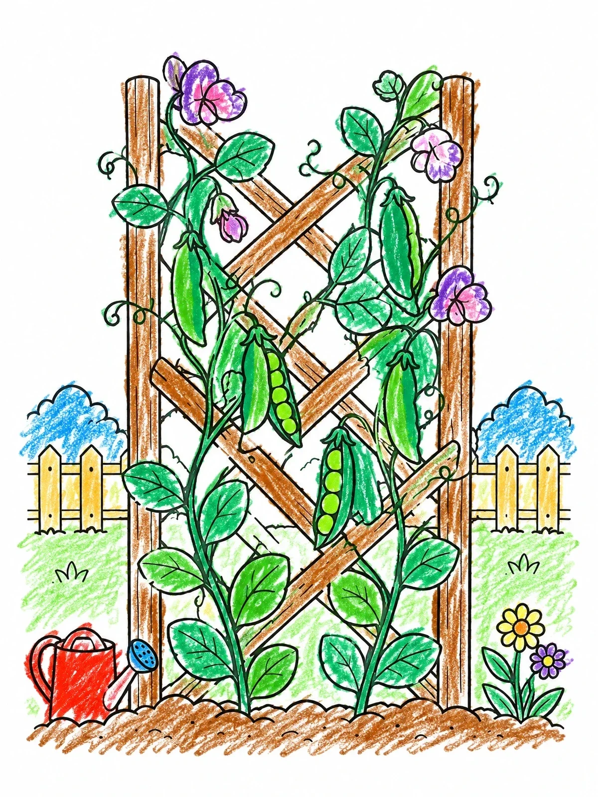 Colored example of the Garden Peas Growing On Trellis coloring page
