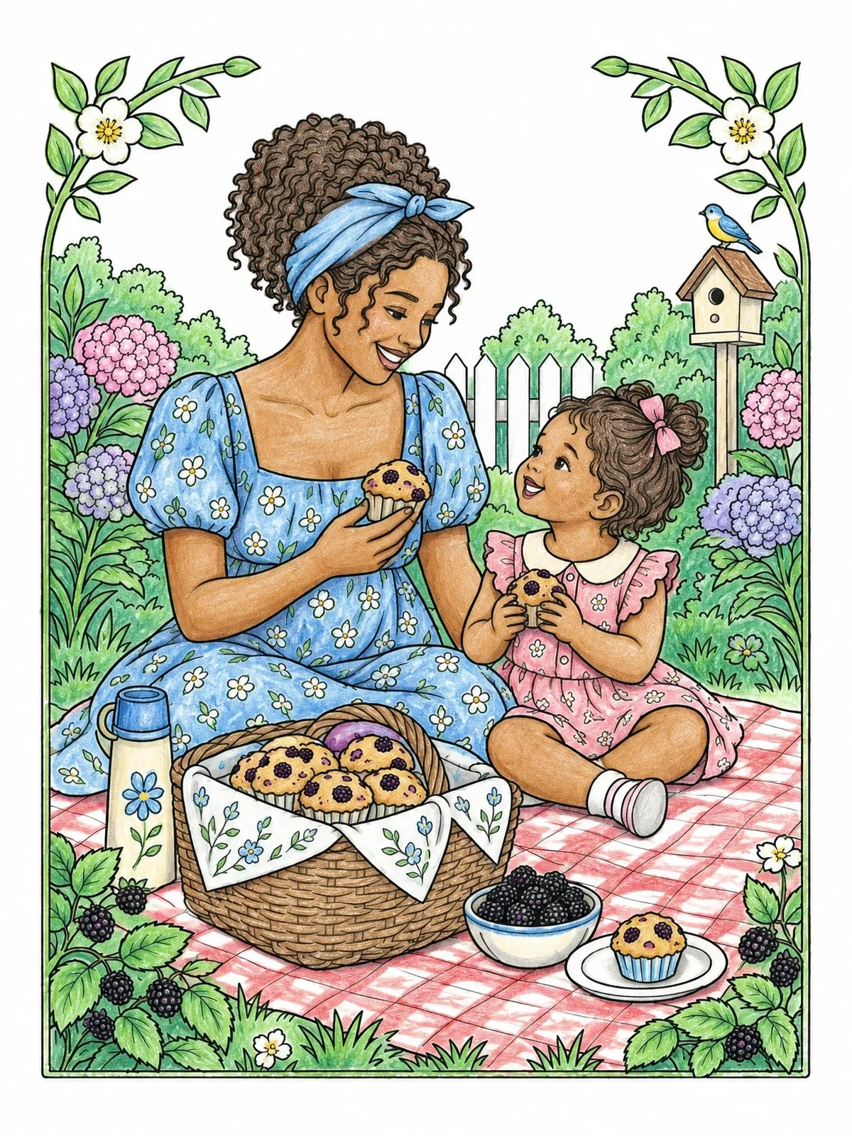 Colored example of the Garden Picnic With Berry Muffins coloring page