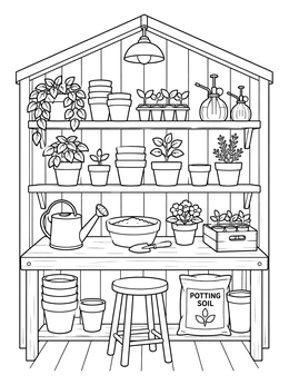 A garden coloring page showing a potting bench and shelves filled with plants, pots, and gardening tools.