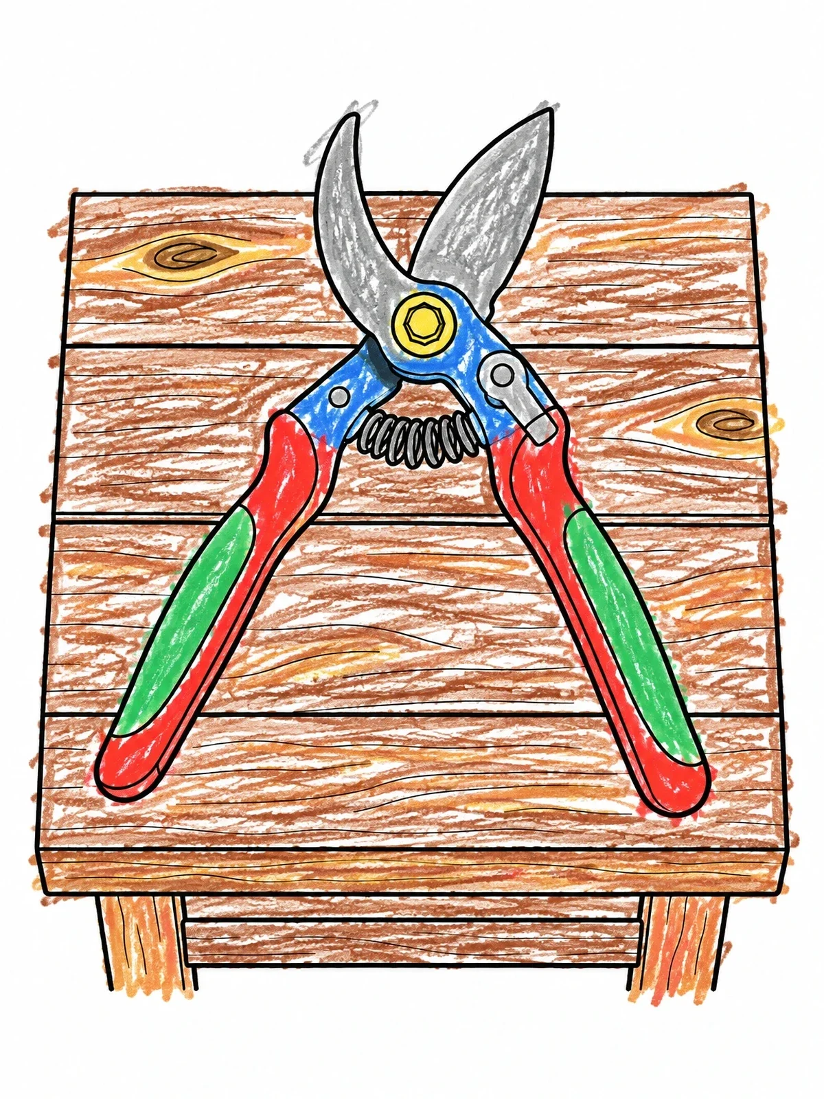 Colored example of the Pruning Shears On Wooden Bench coloring page