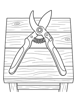 A garden coloring page featuring open pruning shears lying on a wooden workbench.