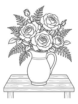 A rustic pitcher filled with blooming flowers on this roses coloring page.